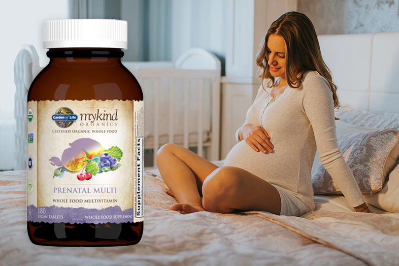 mykind organics prenatal multi bottle and pregnant woman